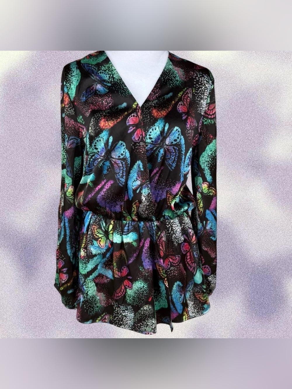 Boston Proper Silky Dark Fairy Butterfly Rhinestone Top XS Slit Sleeves